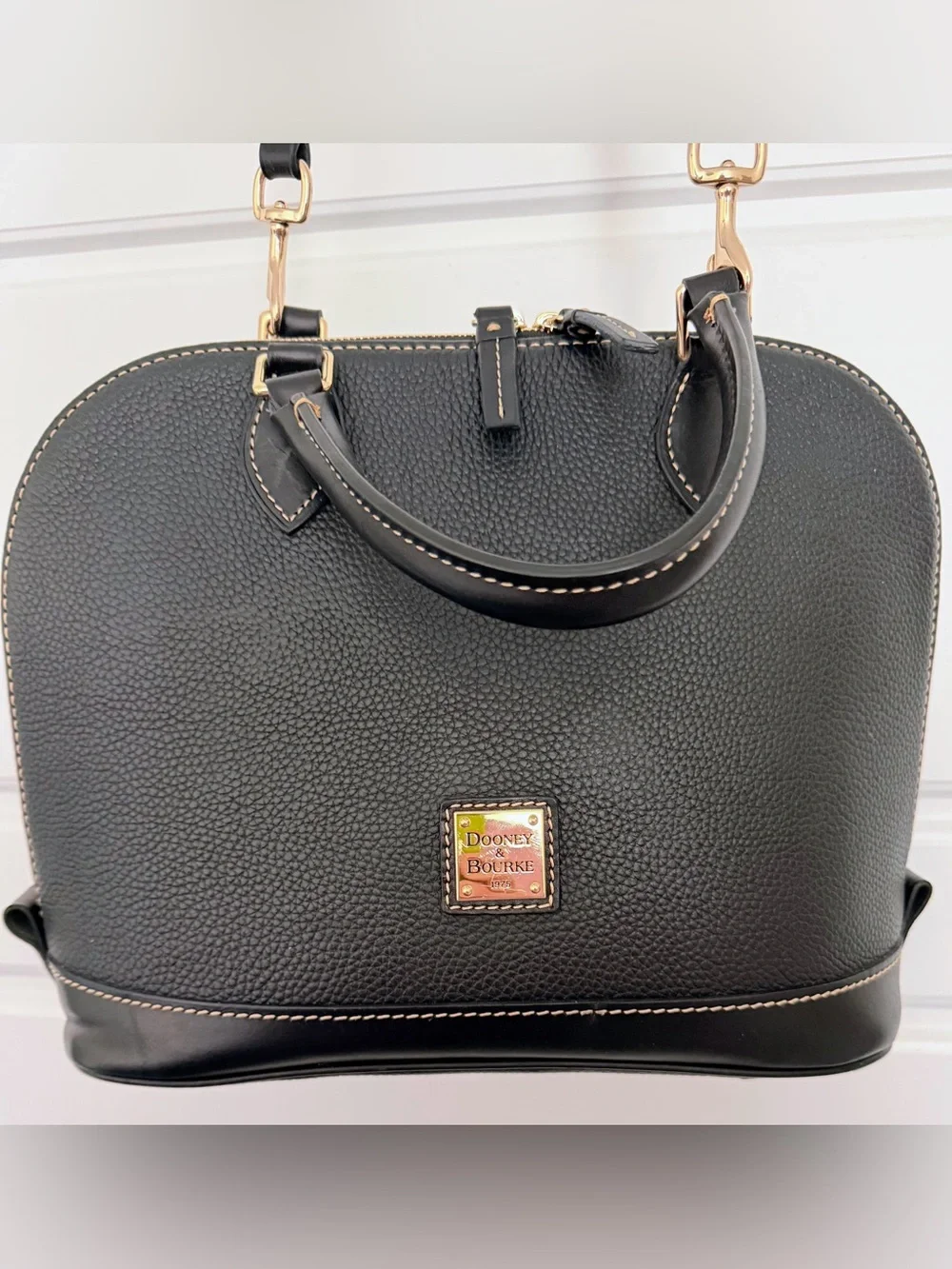 Dooney & Bourke Black Pebble Leather Dome Satchel with Gold Hardware
